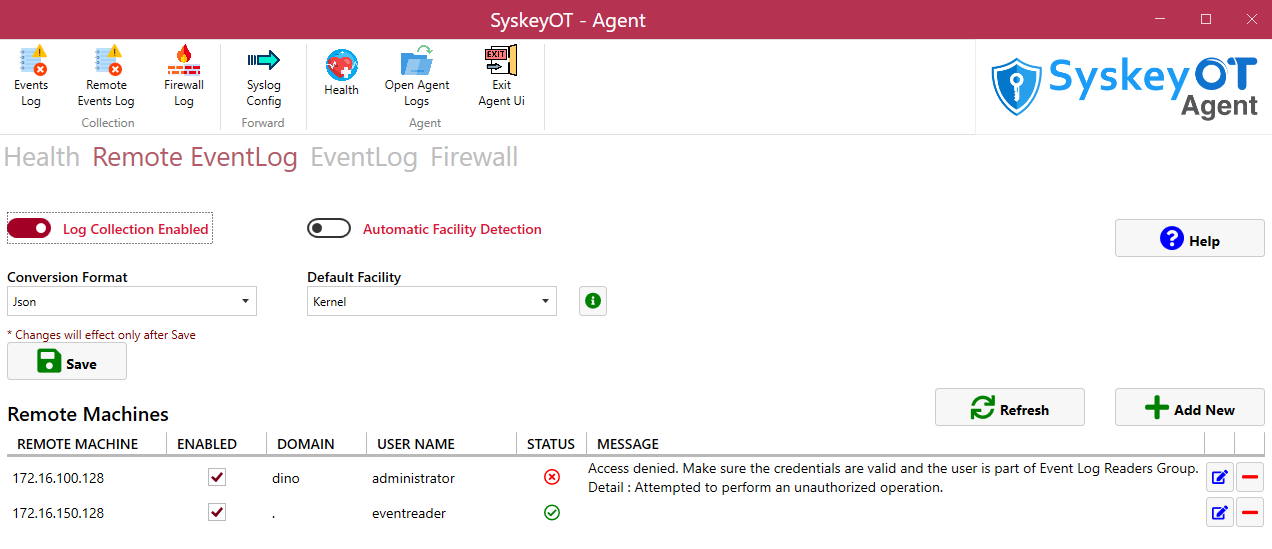 Remote Event Log Tab